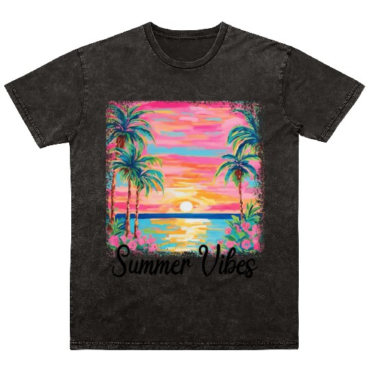 Summer Vibe Preppy Beach Mineral Wash T Shirts