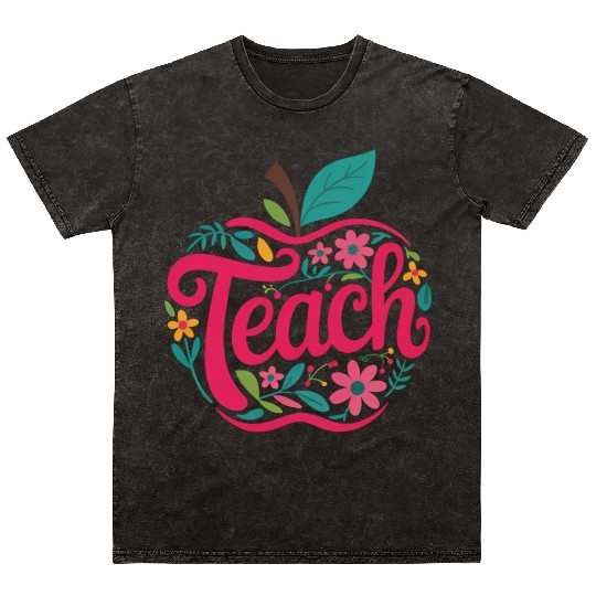 Teacher Apple Floral Teacher Mineral Wash T Shirts