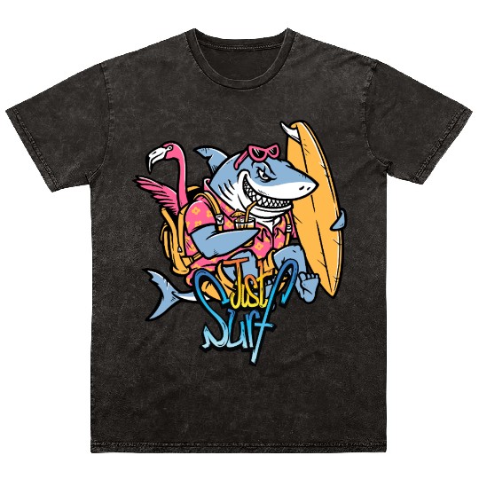Just Surf – Cool Shark with Surfboard & Flamingo Mineral Wash T Shirts