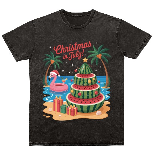 Christmas In July Watermelon Xmas Tree Santa Mineral Wash T Shirts