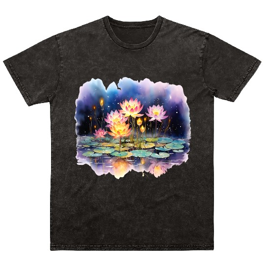 Retro Zen Lotus Firefly Night Mineral Wash T Shirts