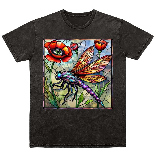 Dragonfly stained glass poppy flower insect eye Mineral Wash T Shirts