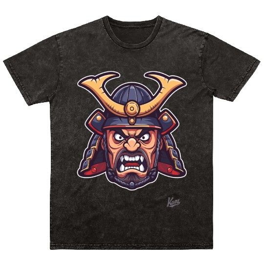 Angry samurai warrior head with helmet Mineral Wash T Shirts