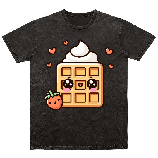 Kawaii Dessert Waffle with Strawberry Mineral Wash T Shirts