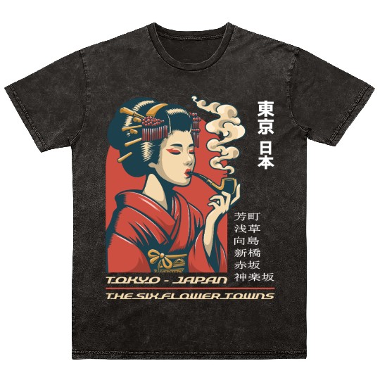 Japan Tokyo Geisha Pipe Six Flower Towns Souvenir Mineral Wash T Shirts
