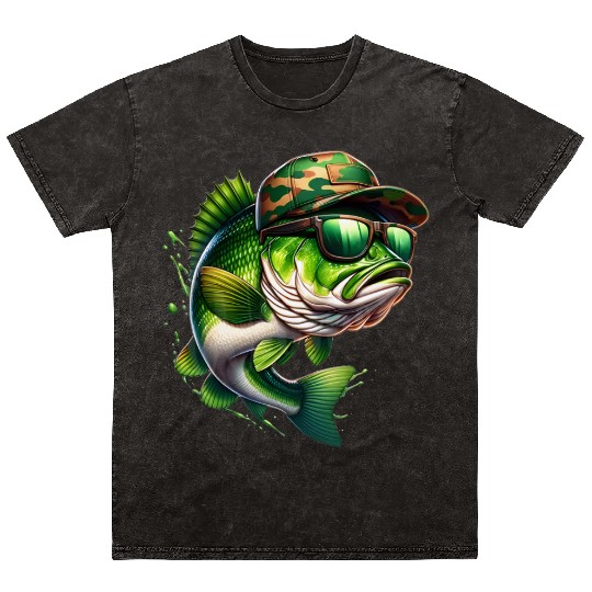 Camo Hat Bass Fish with Green Sunglasses Mineral Wash T Shirts