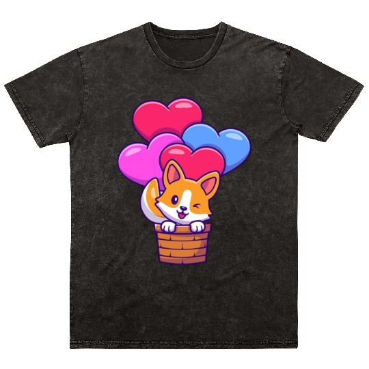 Whimsical Corgi with Heart Balloons Mineral Wash T Shirts