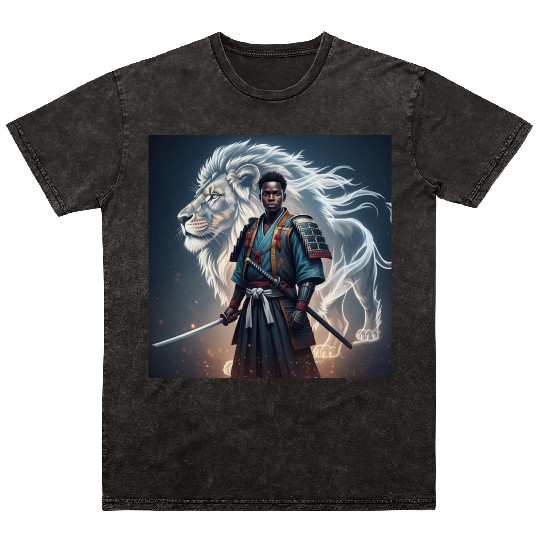 African Samurai With Spirit Lion Mineral Wash T Shirts