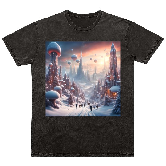 Futuristic Snowy Cityscape with Floating Balloons Mineral Wash T Shirts