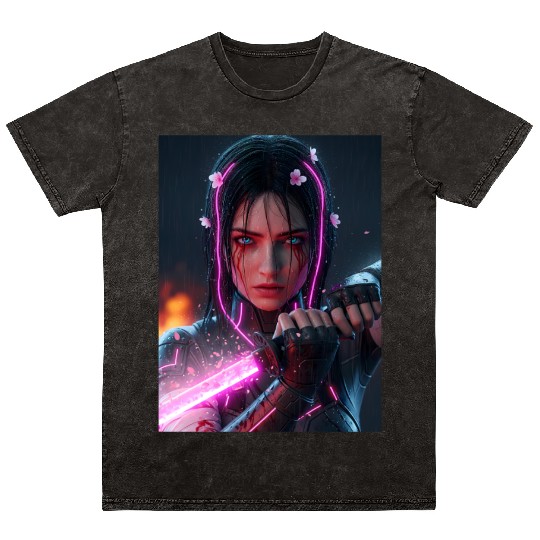 Cyberpunk Samurai Girl Mineral Wash T Shirts