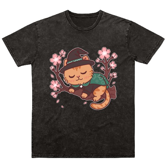 Whimsical Wizard Cat in Blooming Cherry Tree Mineral Wash T Shirts
