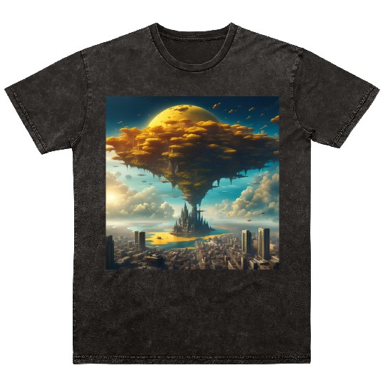 Sci-Fi Alien City: Floating Planet Twilight Scene Mineral Wash T Shirts