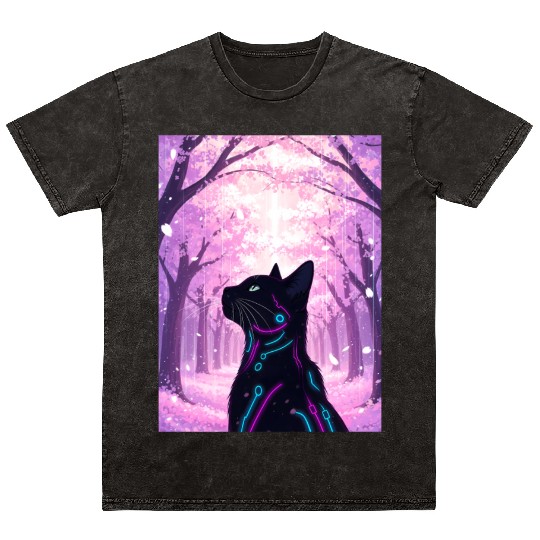 Midnight Cyber Cat | Pink Cherry Blossom Forest Mineral Wash T Shirts