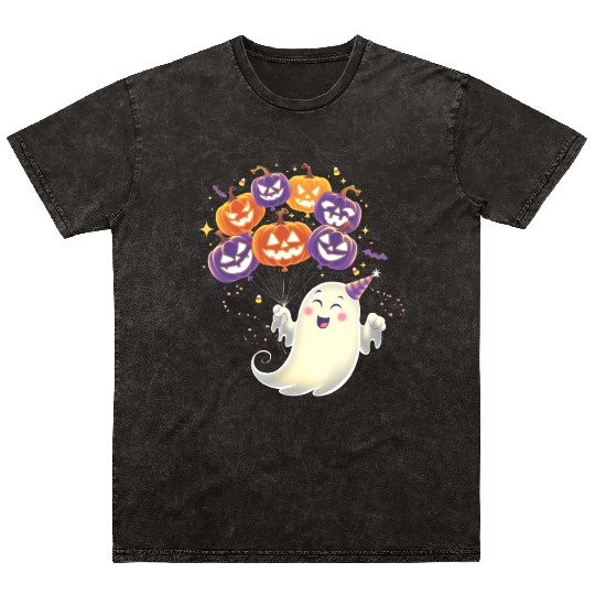 Halloween Ghost with Jack-o'-Lantern Balloons Mineral Wash T Shirts