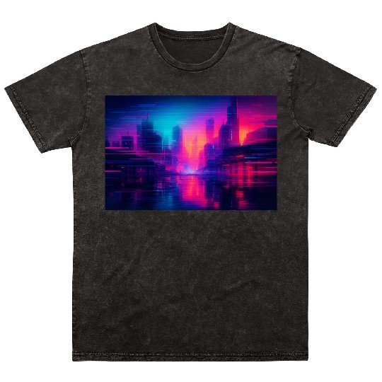 Cyberpunk Glitch Cityscape Art Mineral Wash T Shirts