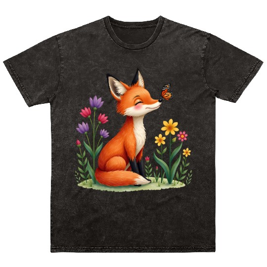 Tiny Spring Friends Whimsical Fox Butterfly Floral Mineral Wash T Shirts
