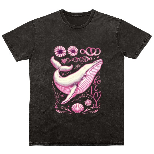 Pink Whimsical Whale with Floral Accents Mineral Wash T Shirts