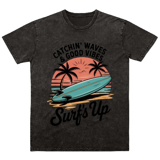 Sunset Surfing Beach Scene Mineral Wash T Shirts
