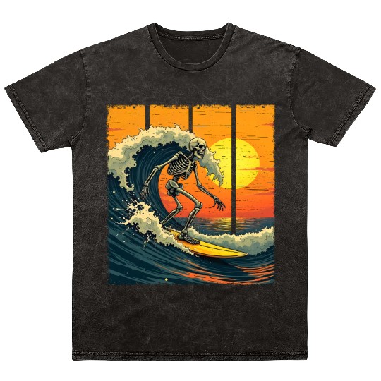 Skeleton Surfer Vintage Surfing Funny Halloween Mineral Wash T Shirts