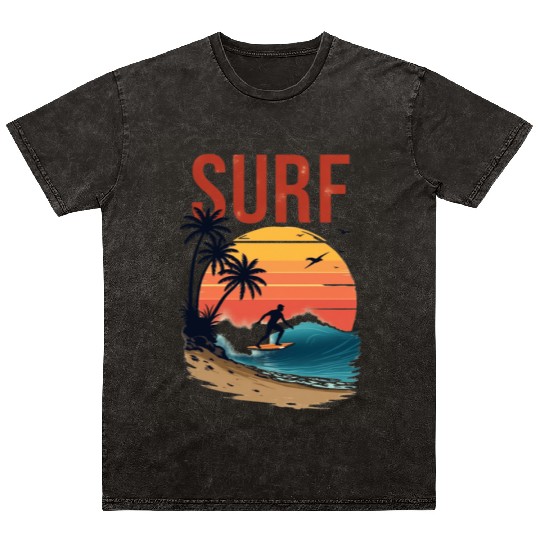 Sunset Surfing Beach Scene Mineral Wash T Shirts