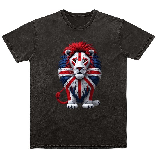 British Lion with Union Jack Flag Graphic Design Mineral Wash T Shirts