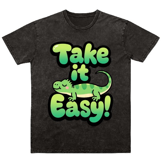 Relaxed Green Lizard – Take it Easy Cartoon Design Mineral Wash T Shirts