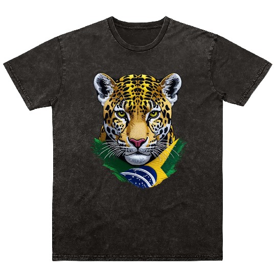 Brazil Jaguar Head Green Yellow Blue National Flag Mineral Wash T Shirts