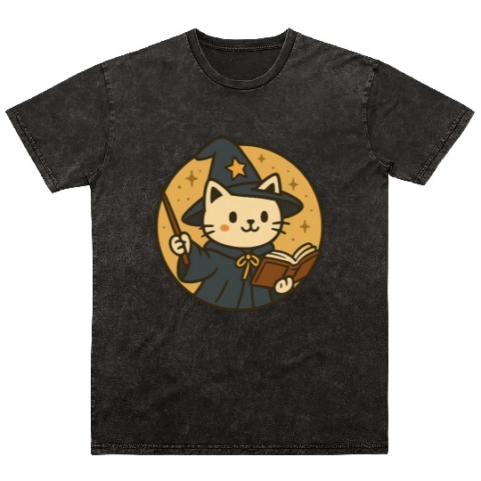 Whimsical Cat Wizard in Starry Night Mineral Wash T Shirts