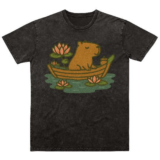 Whimsical Bear in Lotus Boat Design Mineral Wash T Shirts