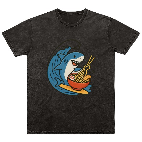 Playful Shark Enjoying Ramen Mineral Wash T Shirts