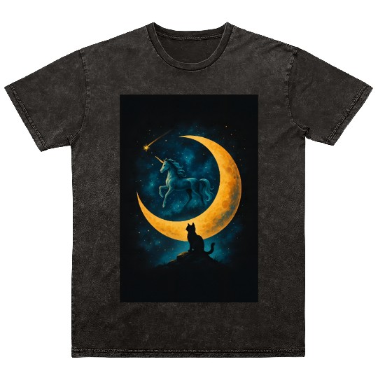 Magical Unicorn and Cat Night Scene Mineral Wash T Shirts