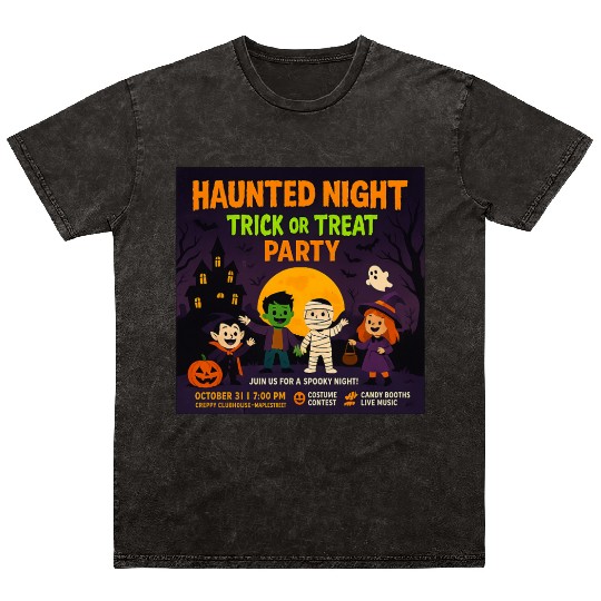 Haunted Night Trick or Treat Party Poster Mineral Wash T Shirts