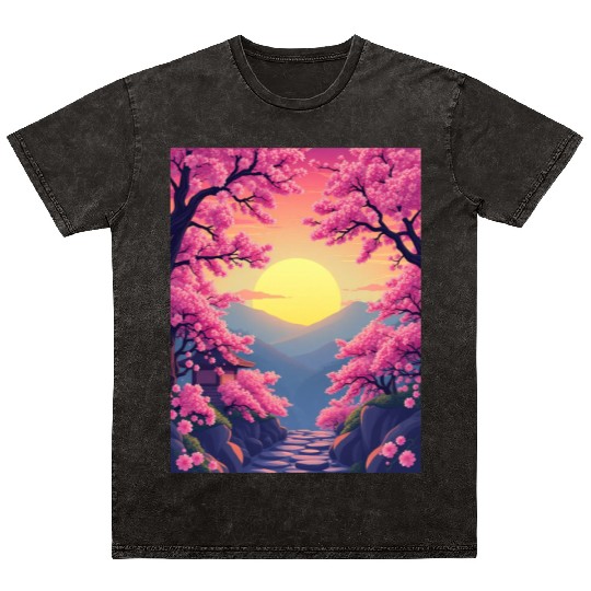 Cherry Blossom Sunset Path Mineral Wash T Shirts