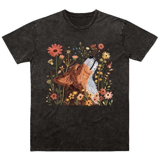 Serene Howling Wolf Amid Floral Bloom Mineral Wash T Shirts