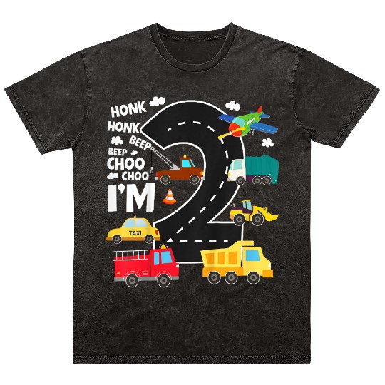 Kids Birthday 2 Traffic Vehicles Number Two Design Mineral Wash T Shirts