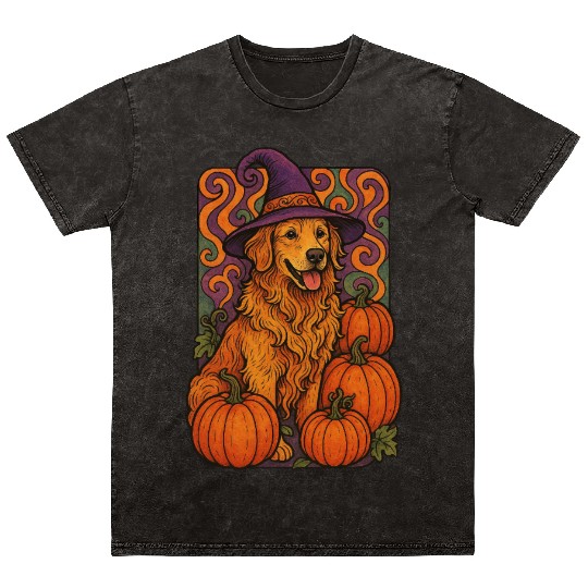 Halloween Wizard Golden Retriever with Pumpkins Mineral Wash T Shirts