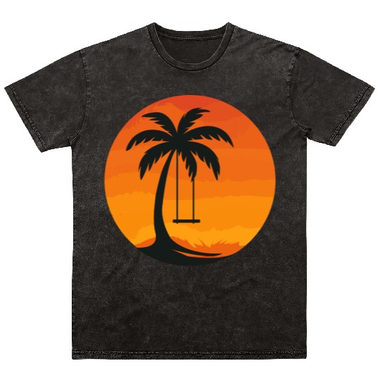 Sunset Palm Tree Swing Illustration Mineral Wash T Shirts