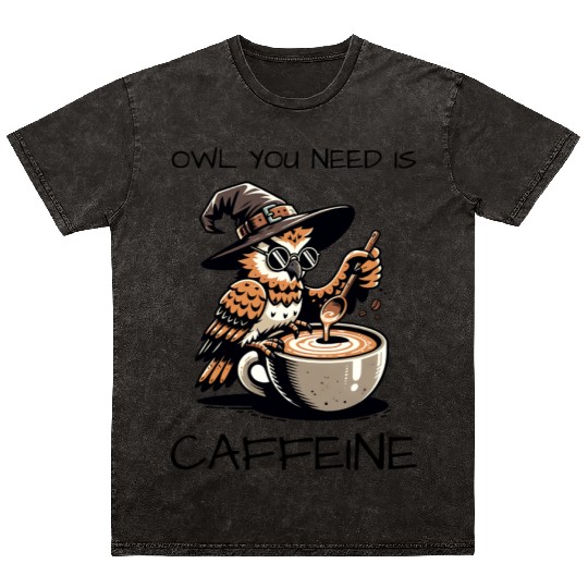 Whimsical Wizard Owl Coffee Design Mineral Wash T Shirts