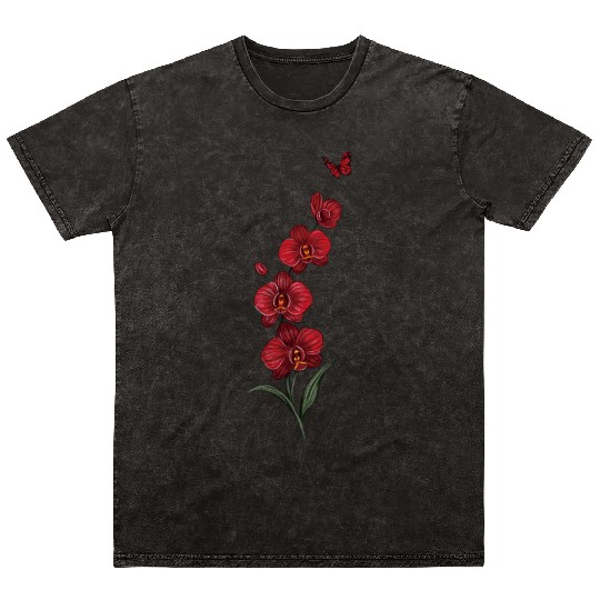 Red Orchid Flowers illustration with red butterfly Mineral Wash T Shirts