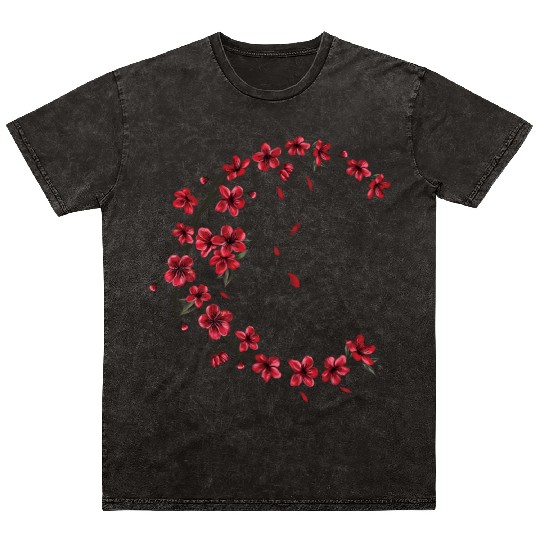 Red Moon Cherry Blossom Sakura Flower Design Mineral Wash T Shirts