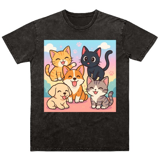 Colorful Cute Cats and Puppy Illustration Mineral Wash T Shirts