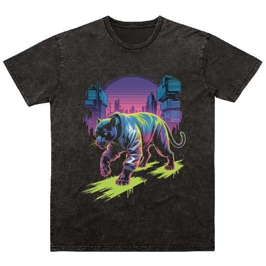 Cyber Panther Night Stride Synthwave Streetwear Mineral Wash T Shirts