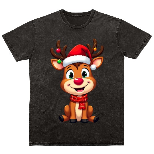 Festive Reindeer Cartoon with Santa Hat Mineral Wash T Shirts