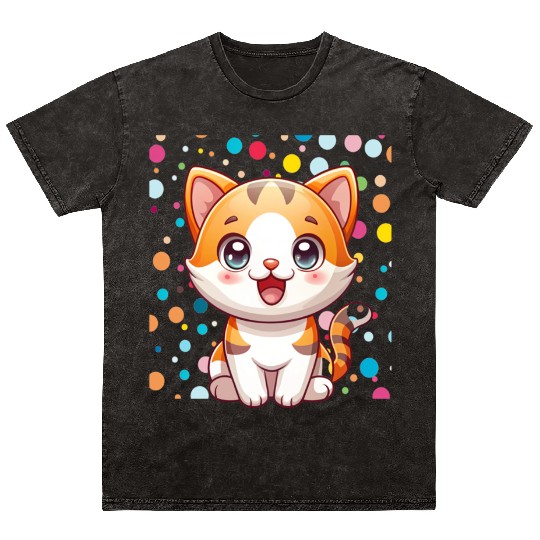 Adorable Cartoon Cute Cat Polka Dots  Mineral Wash T Shirts