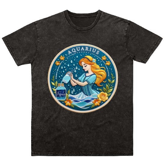Aquarius Stylish Watercolor Zodiac Illustration Mineral Wash T Shirts