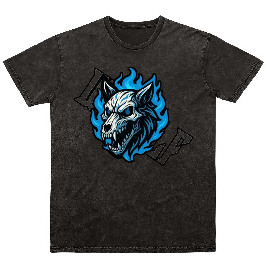 Fierce Wolf Skull with Blue Flames Mineral Wash T Shirts