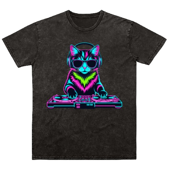 Cool DJ Cat – Neon Beats Vibe with Headphones Mineral Wash T Shirts