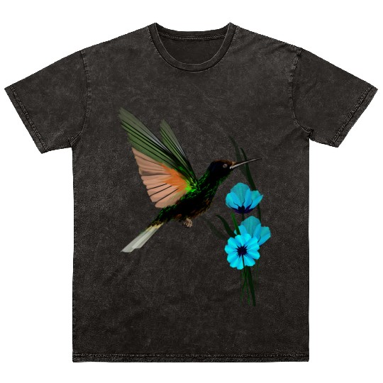 Green Hummingbird-Blue Flowers Mineral Wash T Shirts