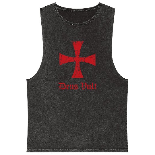 Distressed Deus Vult Knights Templar Cross Crusade Mineral Wash Tank Tops