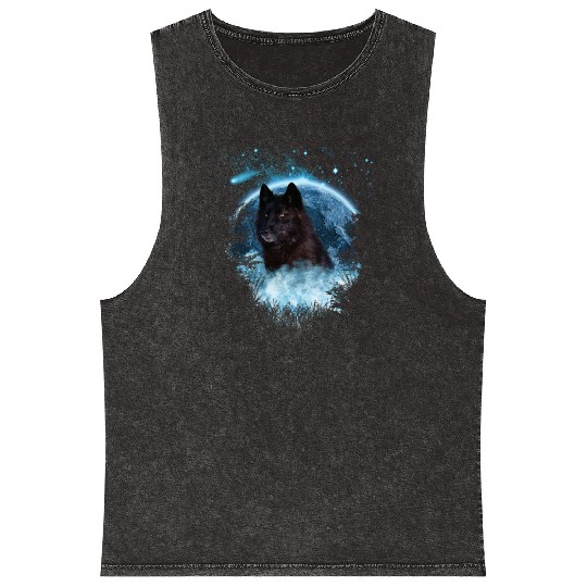 Black Wolf Bl Moon Full Scape Mineral Wash Tank Tops